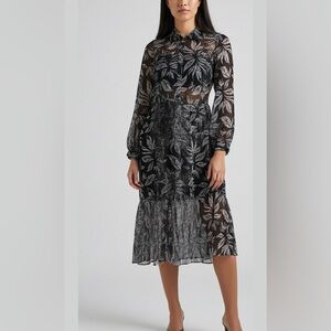 Vittoria Black White Leaf Print Long Sleeve Dress Small